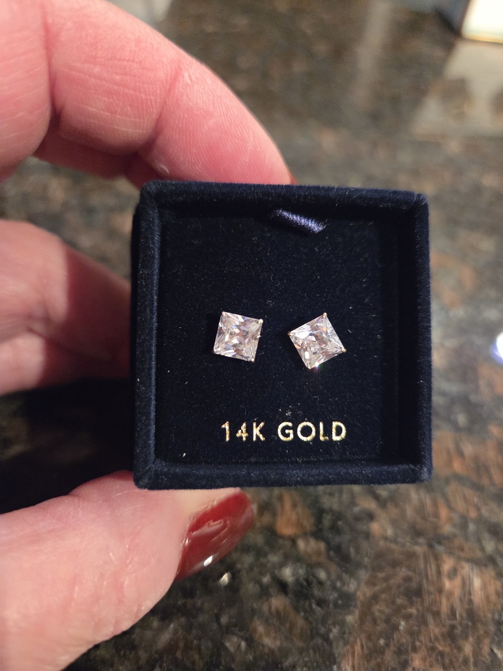 14K Solid Yellow Gold Square CZ Stud Earrings - White